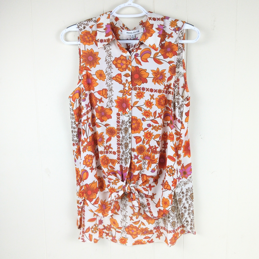 Rose & Olive Womens Tunic Top Size M Button Up Sleeveless Orange Floral NEW
